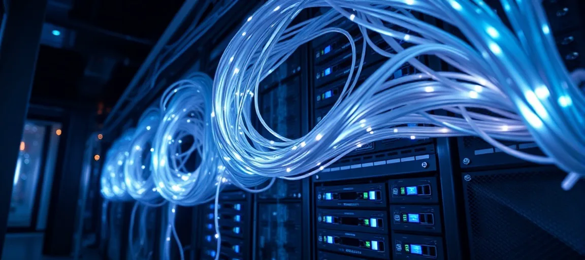 Server rack interior glowing fiber