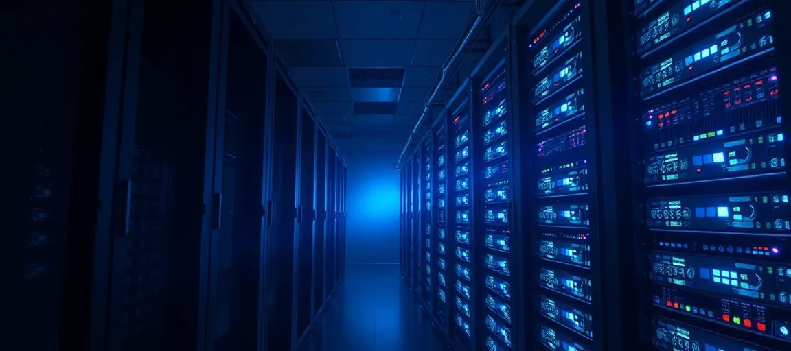 Server racks split by glowing