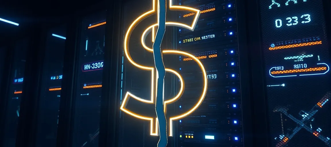 glowing server rack split by