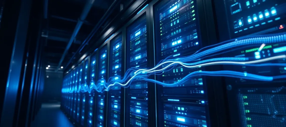 Server rack glowing blue dark