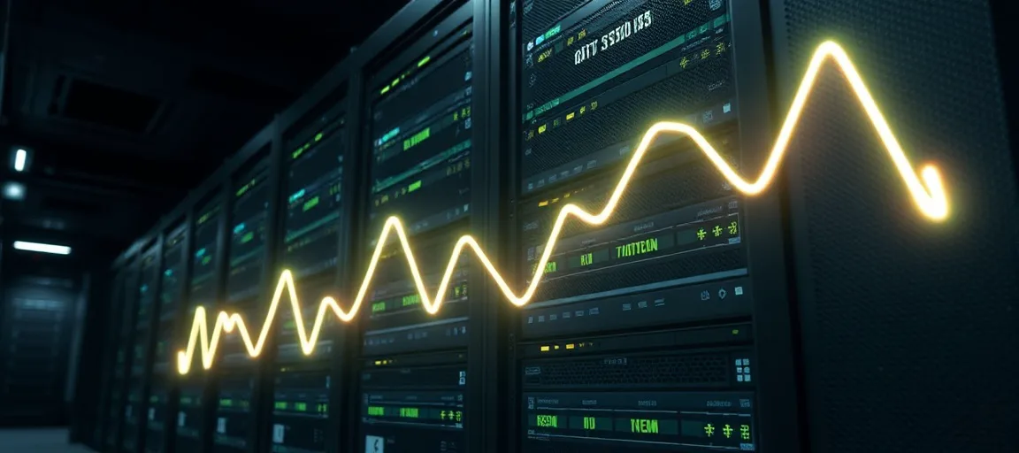 Glowing server rack two diverging