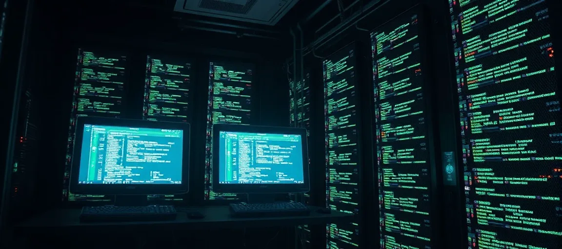 Three glowing server terminals dark