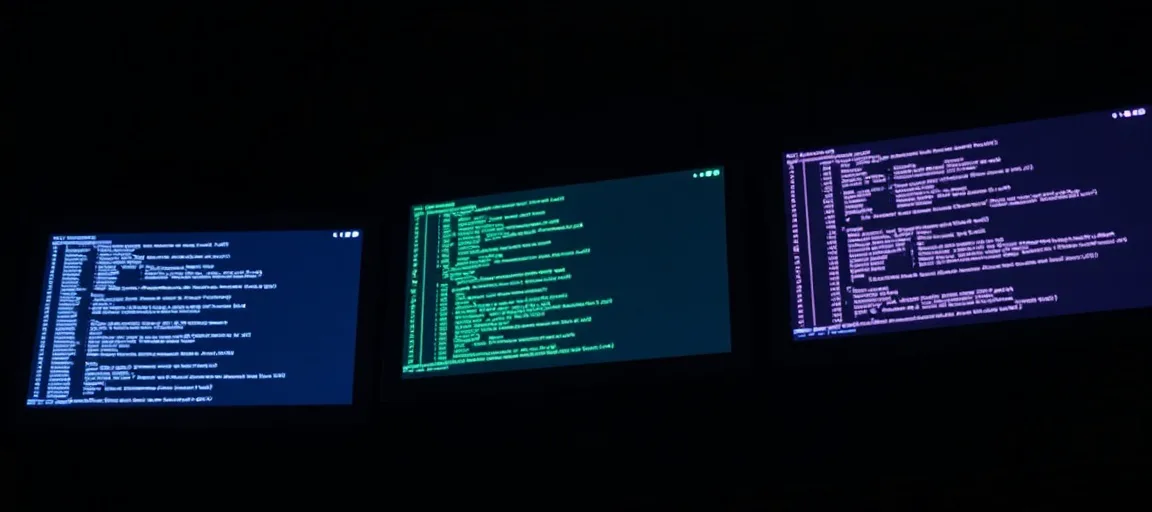 Three glowing terminal windows side