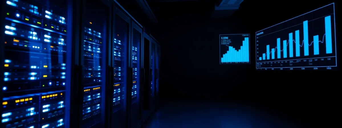 Server racks glowing blue dark