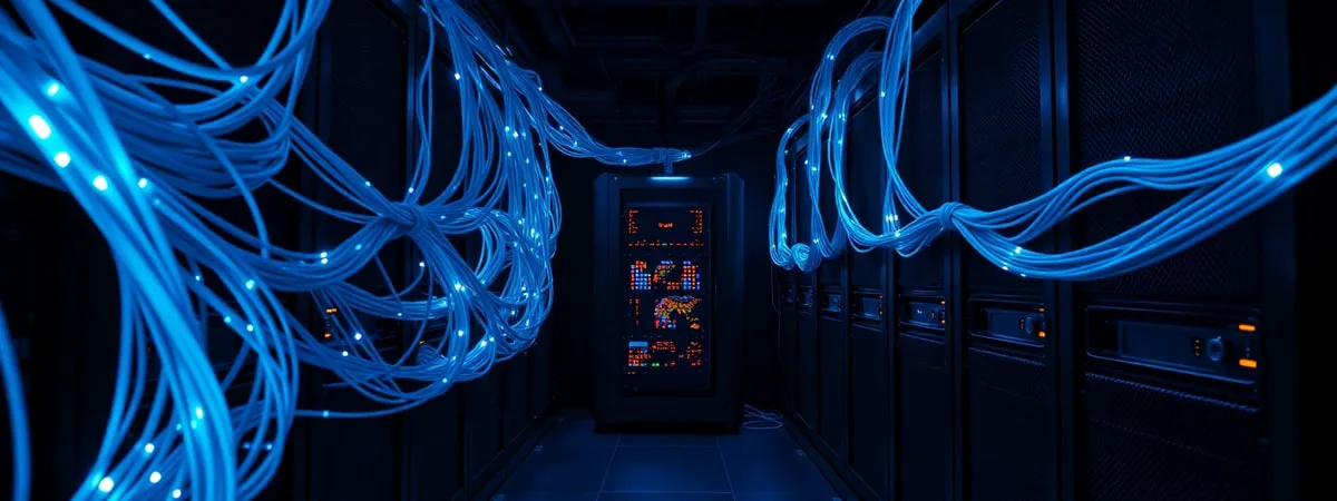 Dark server room multiple glowing